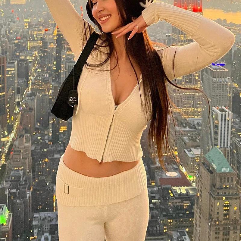 Hoodie Anzug Damen Freizeit Sexy Reißverschluss Langarm Pullover und High Waist Lange Hose Set