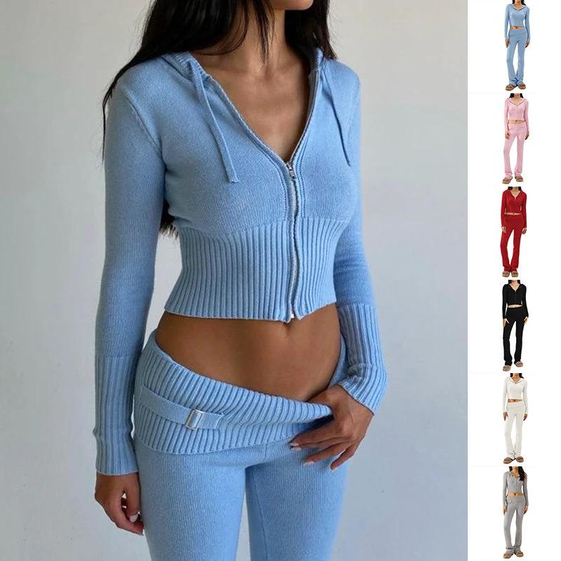 Hoodie Anzug Damen Freizeit Sexy Reißverschluss Langarm Pullover und High Waist Lange Hose Set