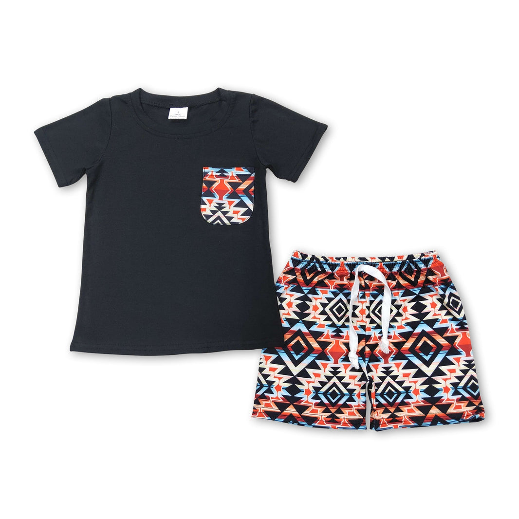 Schwarzes Aztec-Taschenoberteil Shorts Jungenkleidung