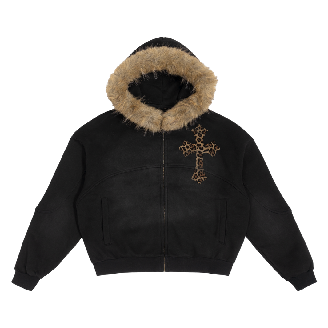 Black Sun Fade Boxy Hoodie With Detachable Fur Hood Cotton 360 GSM DTG Print
