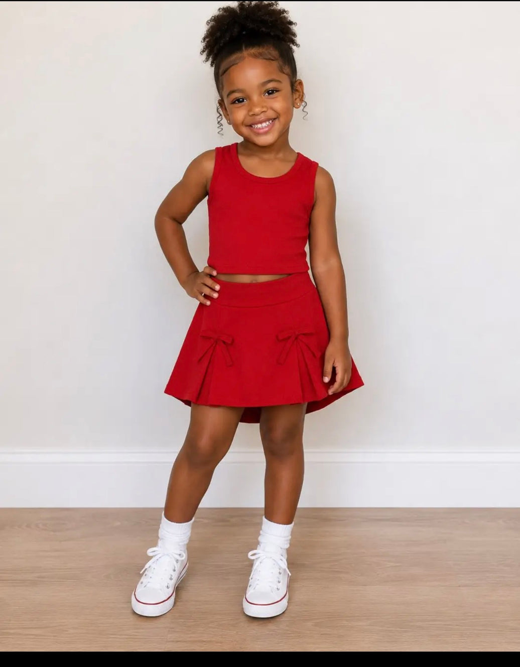 Red sleeveless top bow fold skirt girls active wear set