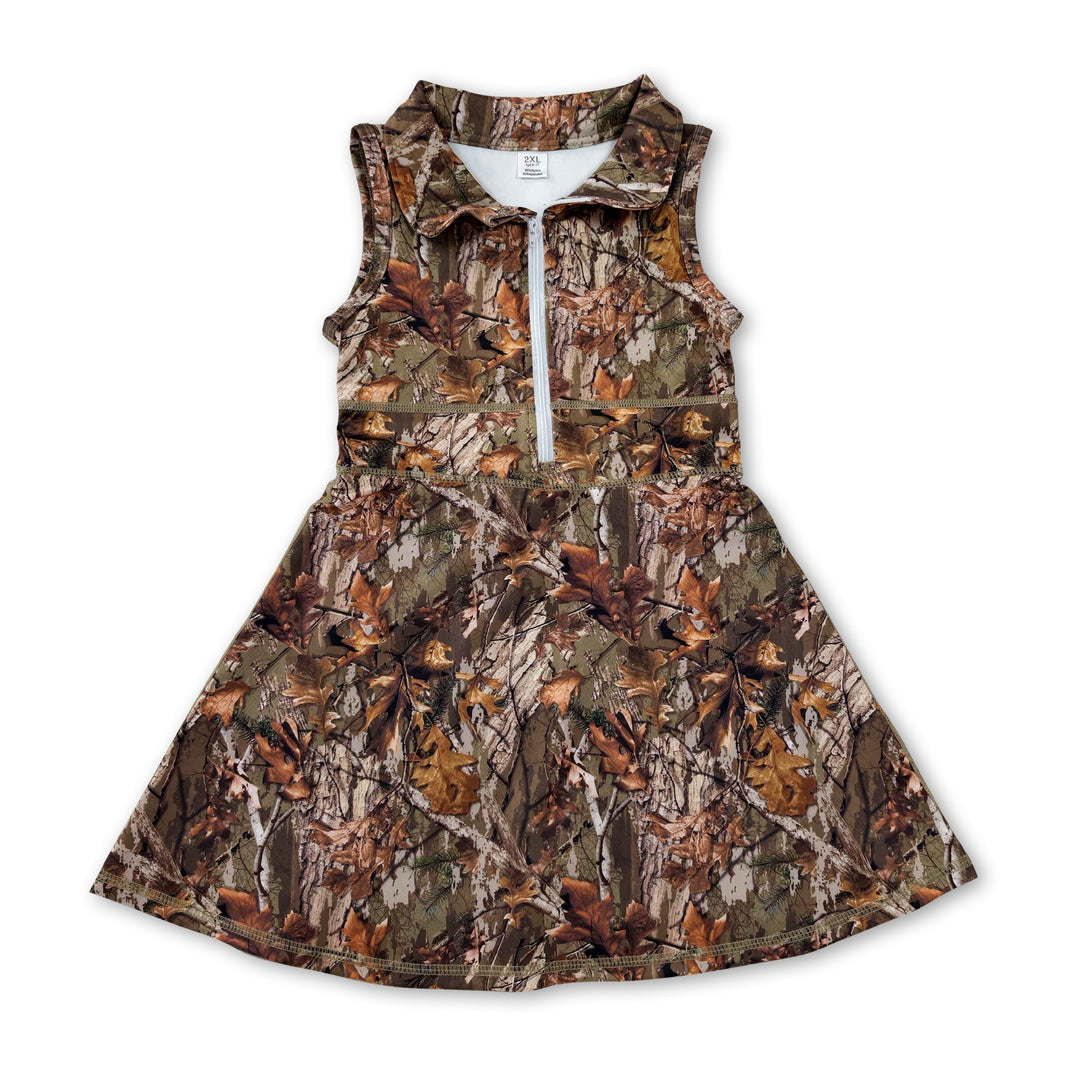 Sleeveless leaves camo zipper kids girls athletic dresses