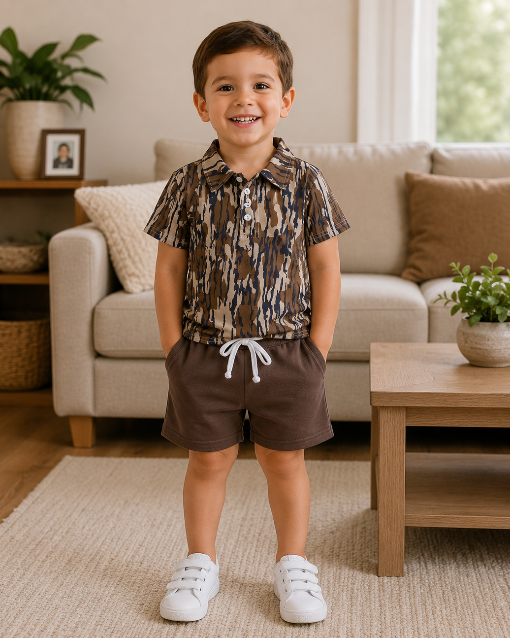 Camo-Poloshirt braune Shorts Jungenkleidung