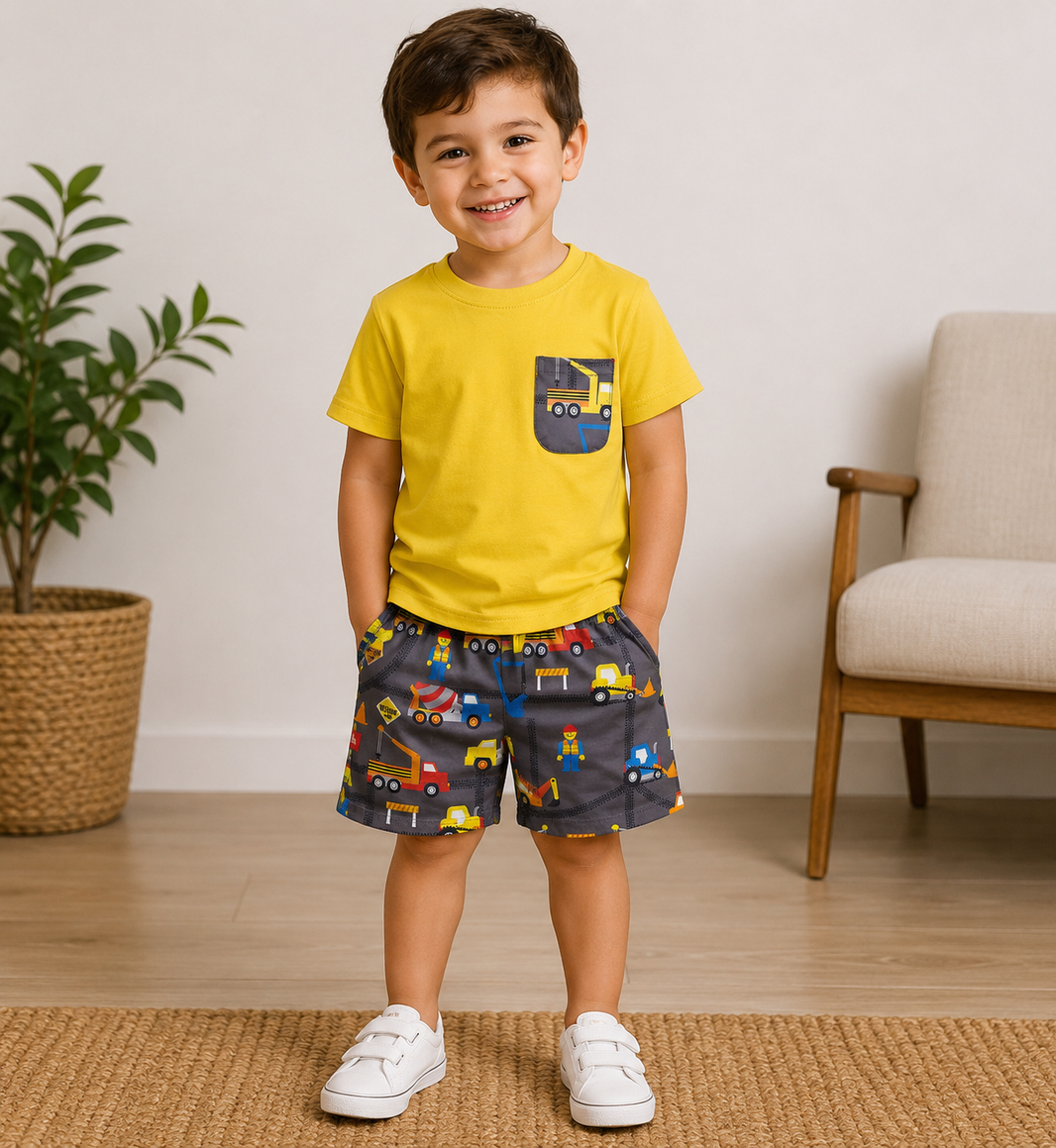 Pocket top construction trucks kids boy clothing set
