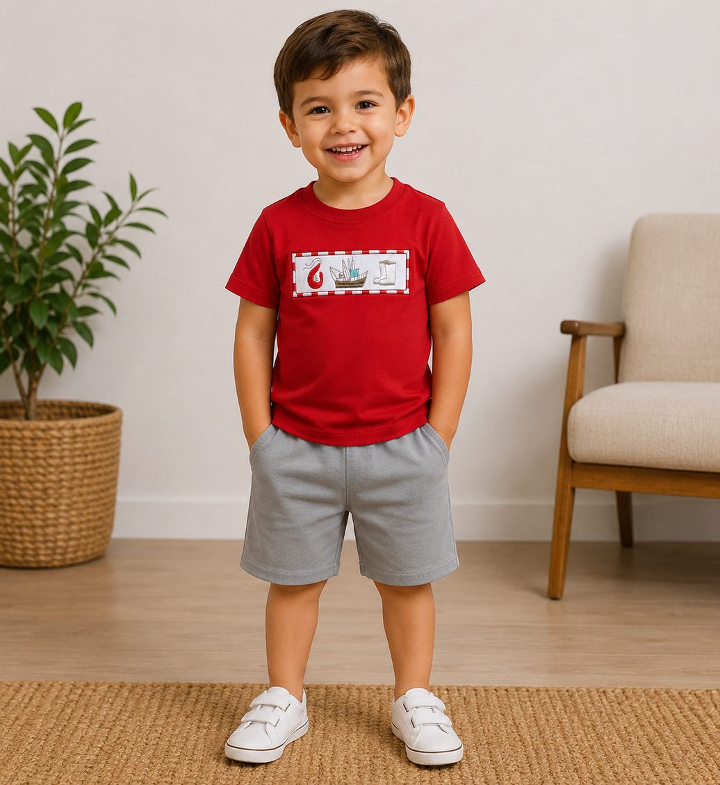 Crawfishi sailboat embroidery shirt shorts boy summer clothing
