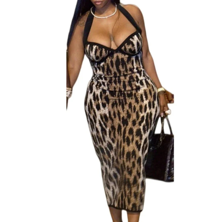 Leopard Print V-Neck Sleeveless Midi Dress