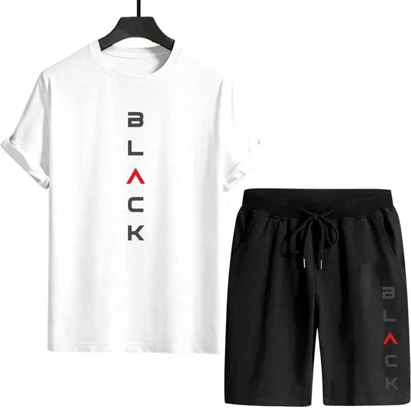 Men's Black Letter Print Summer Short Set