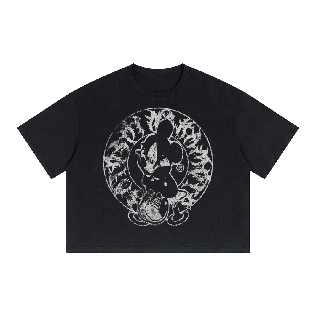 Alone Streetwear Tee Cropped Boxy T-Shirt Y2K 250GSM Summer Black Short Sleeve Crew Neck