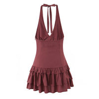 Sexy Halter Tiered Dress Women Summer Sexy Deep V Plunge neck Waist Controlled Slimming