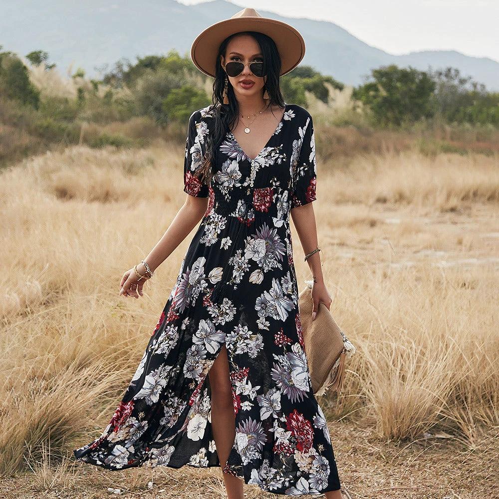 Blumen-Sommer-Strandkleid mit V-Ausschnitt und elastischem Bund für Damen