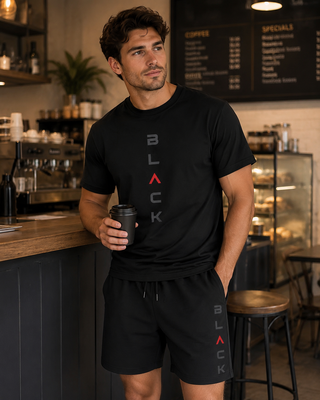 Men's Black Letter Print Summer Short Set