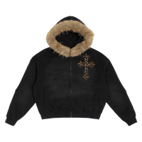 Black Sun Fade Boxy Hoodie With Detachable Fur Hood Cotton 360 GSM DTG Print
