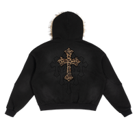 Black Sun Fade Boxy Hoodie With Detachable Fur Hood Cotton 360 GSM DTG Print