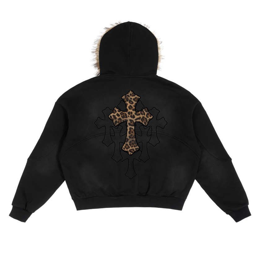 Black Sun Fade Boxy Hoodie With Detachable Fur Hood Cotton 360 GSM DTG Print