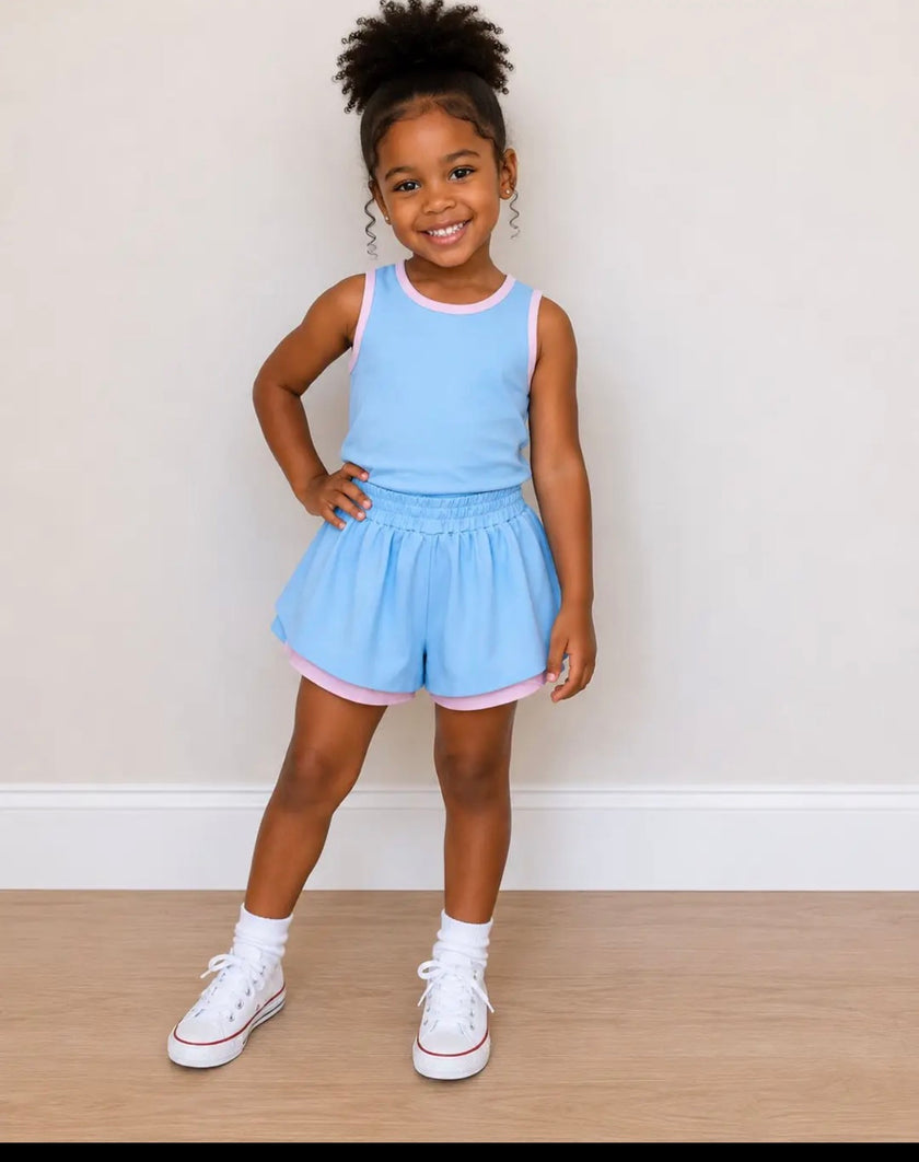 Sleeveless light blue pink top butterfly shorts girls outfits