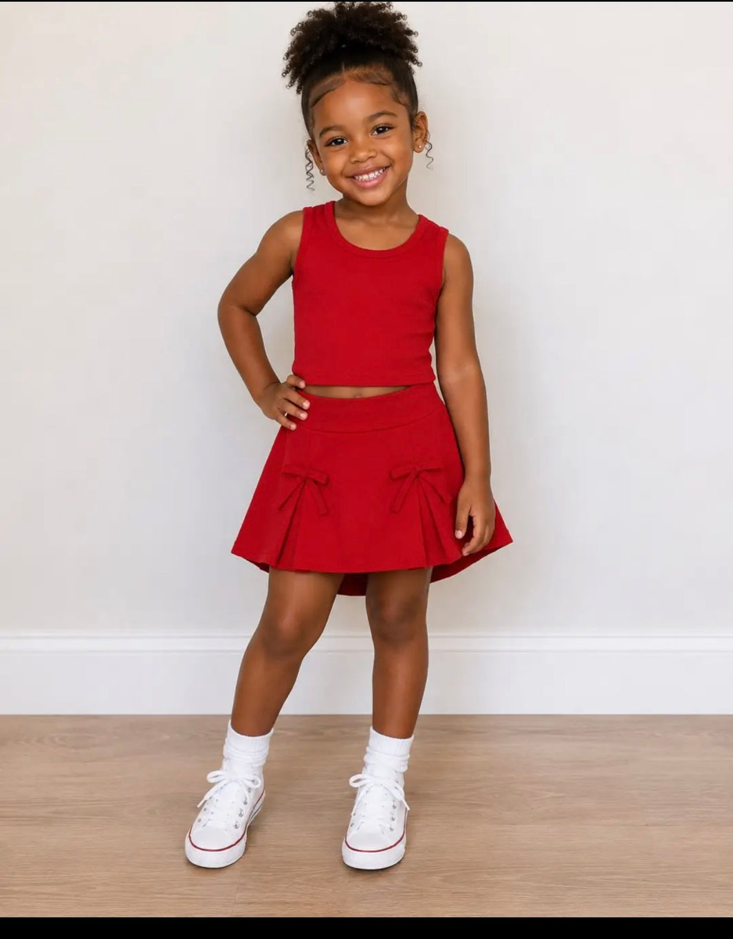 Red sleeveless top bow fold skirt girls active wear set