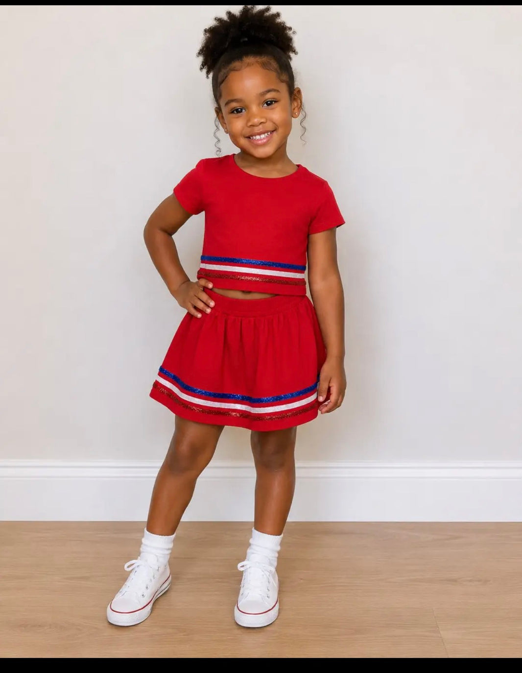Red short sleeves stripe cotton top skirt kids girls outfits