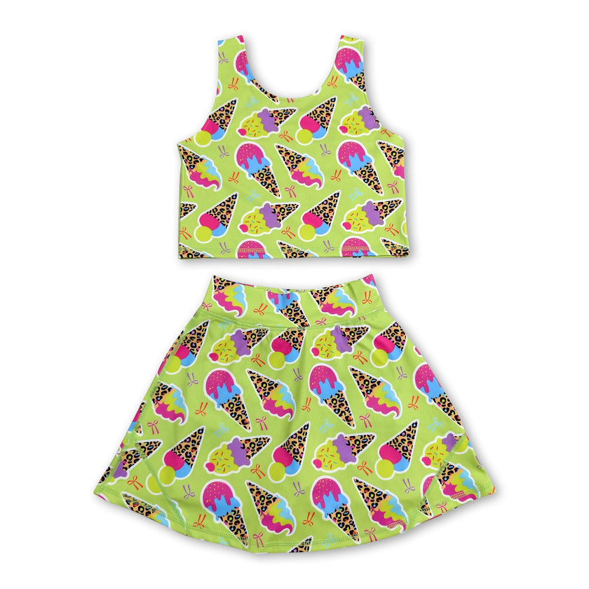 Sleeveless leopard ice cream bow girls activewear set