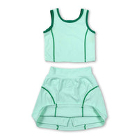 Sleeveless light green top high waist skirt girls activewear set