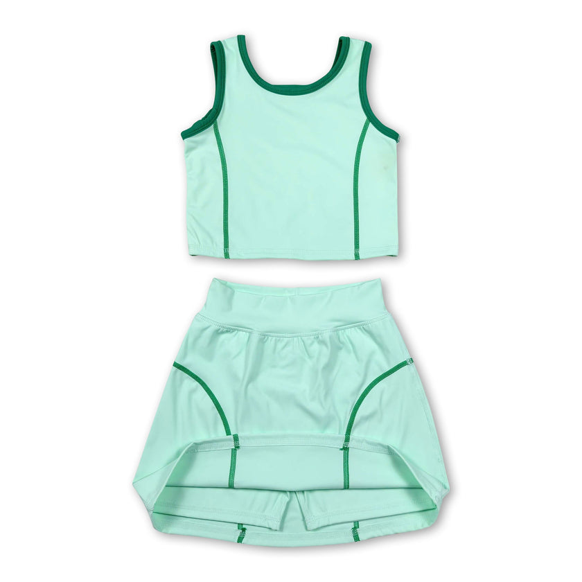 Sleeveless light green top high waist skirt girls activewear set