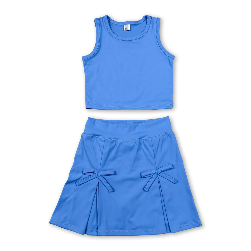 Sleeveless blue crop top bow skirt kids girls summer active set