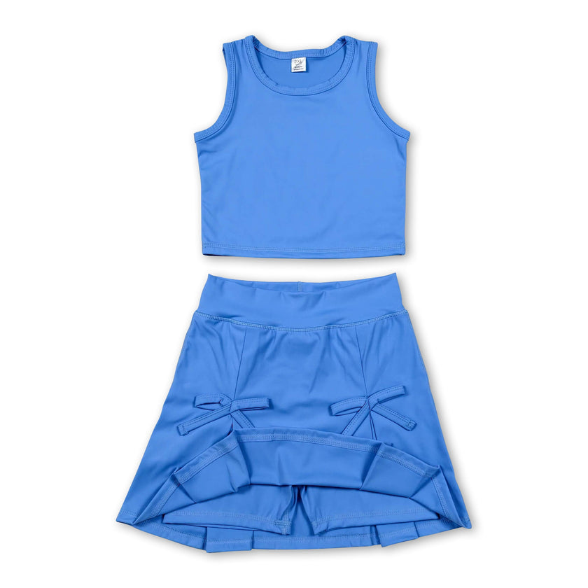 Sleeveless blue crop top bow skirt kids girls summer active set