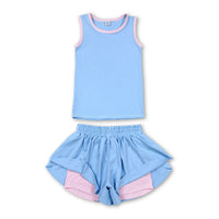 Sleeveless light blue pink top butterfly shorts girls outfits