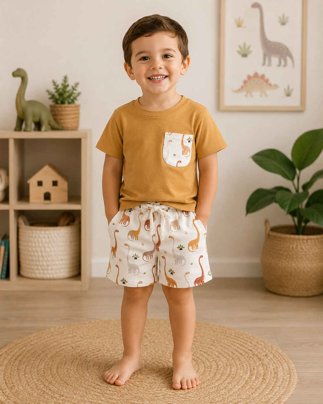 Pocket top dinosaur shorts boys summer clothes
