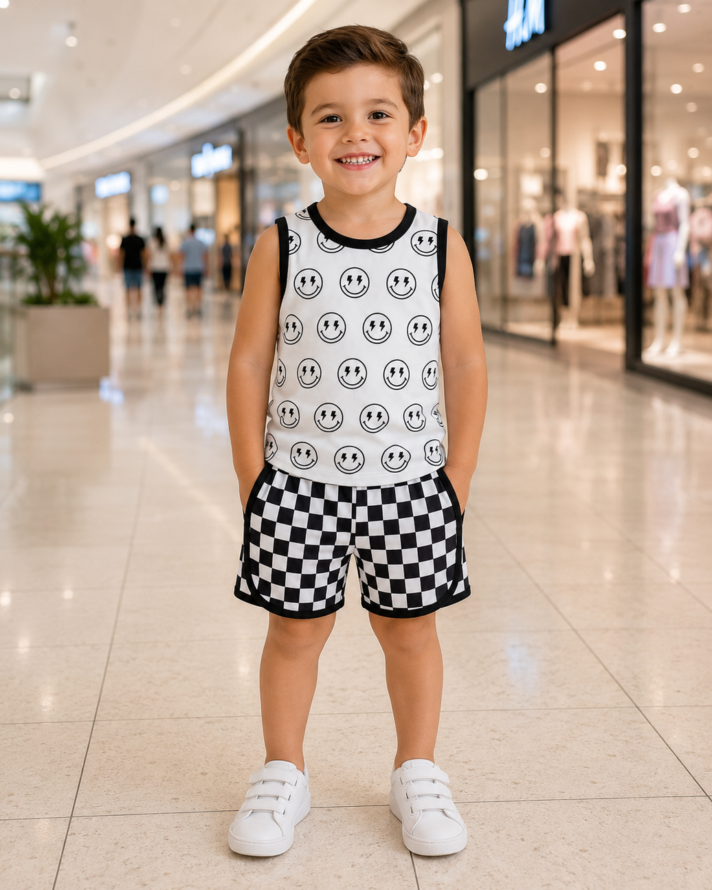 Sleeveless smile top plaid shorts boys clothes