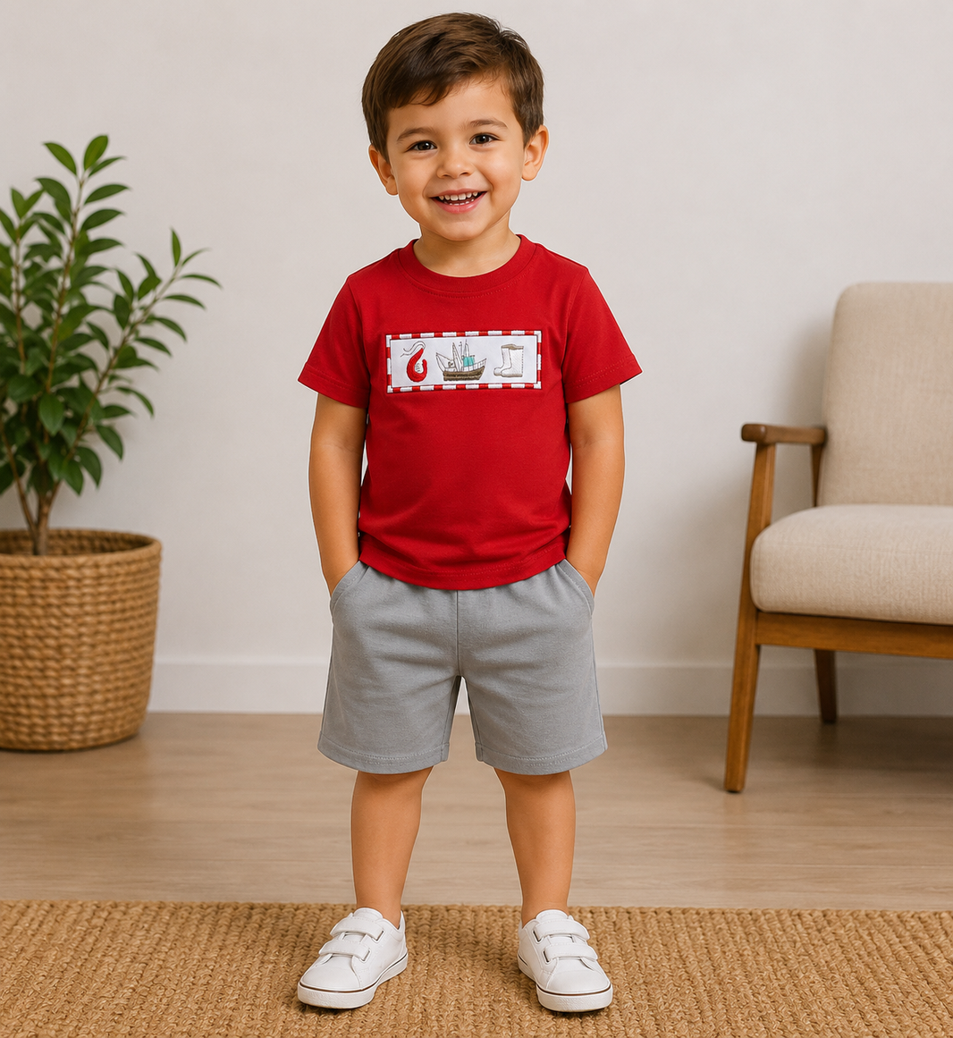 Crawfishi sailboat embroidery shirt shorts boy summer clothing