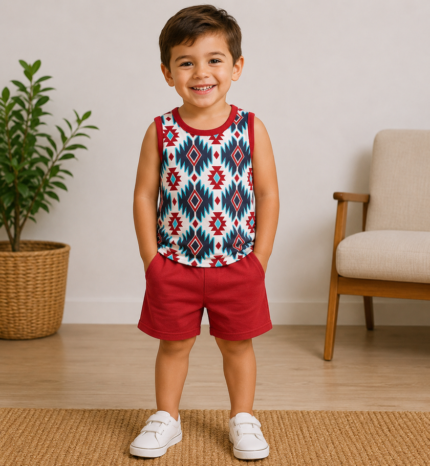 Sleeveless aztec shirt shorts kids boy clothing set