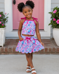Hot pink straps watercolor top skirt kids girls active outfits