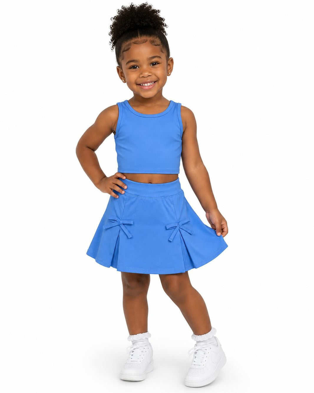 Sleeveless blue crop top bow skirt kids girls summer active set