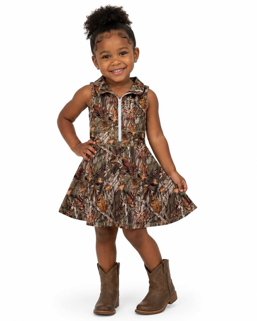 Sleeveless leaves camo zipper kids girls athletic dresses