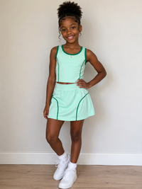 Sleeveless light green top high waist skirt girls activewear set