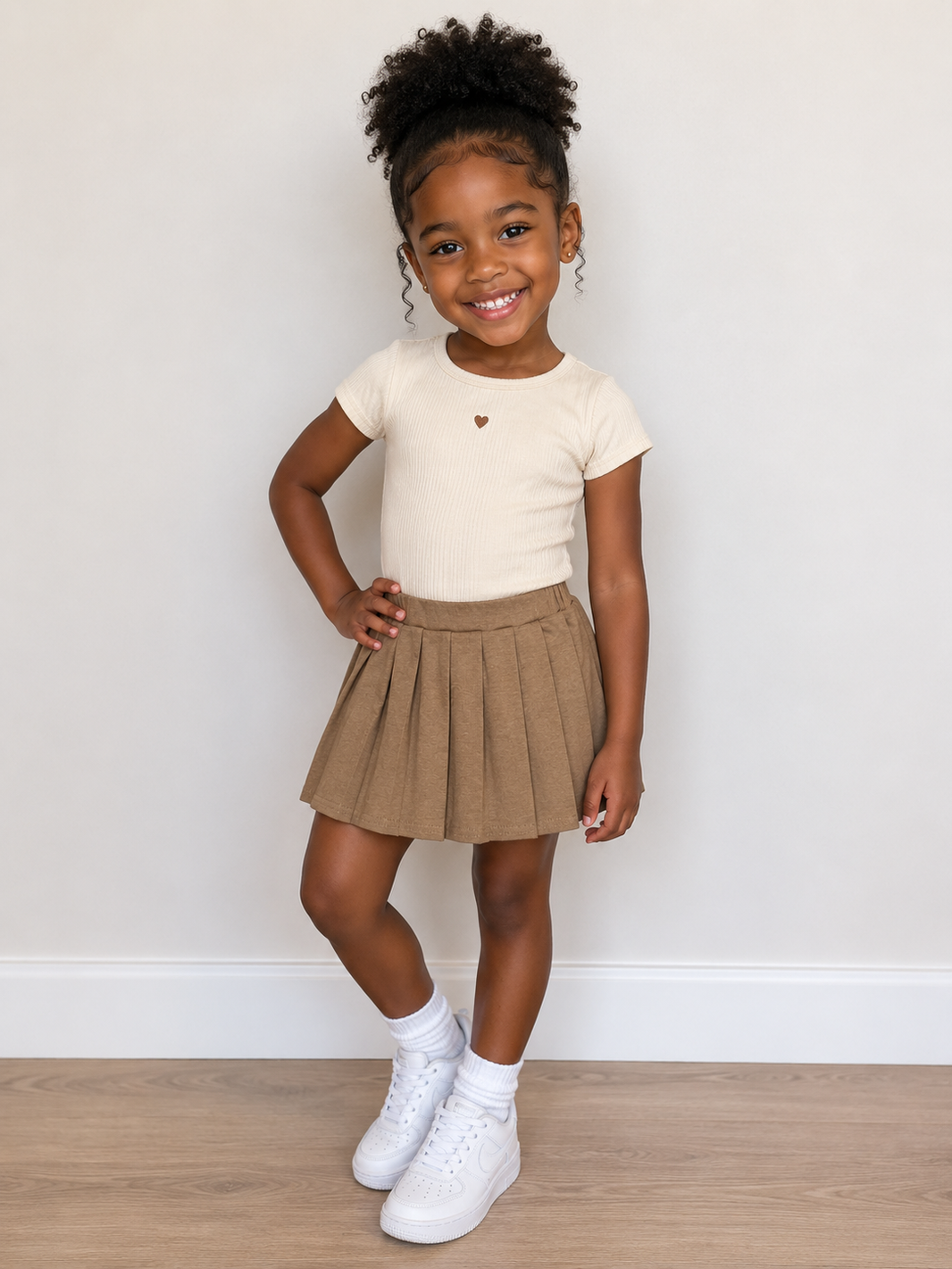 Khaki cotton kids girls summer pleated skirt