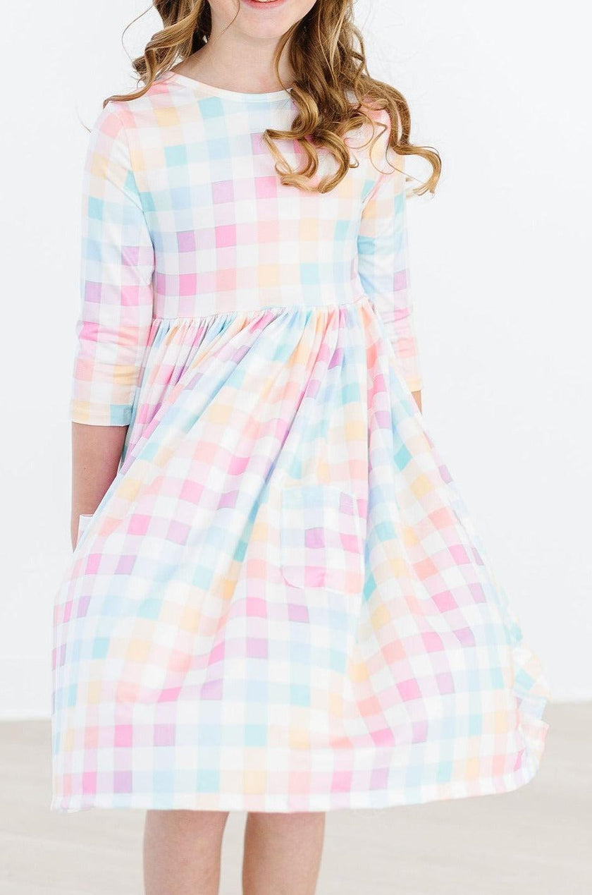 Pastellkariertes 3/4-Arm-Drehkleid mit Taschen