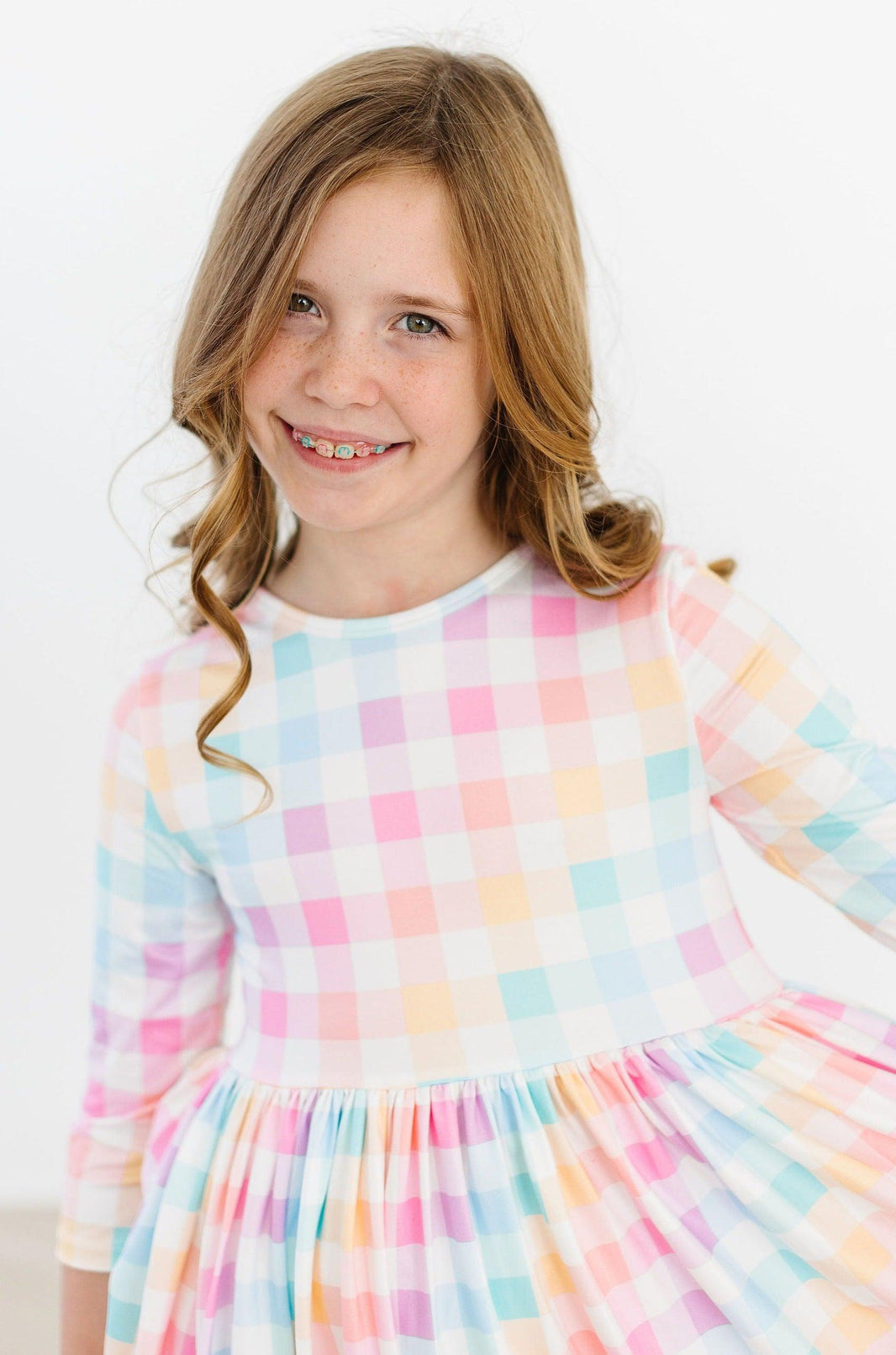 Pastellkariertes 3/4-Arm-Drehkleid mit Taschen