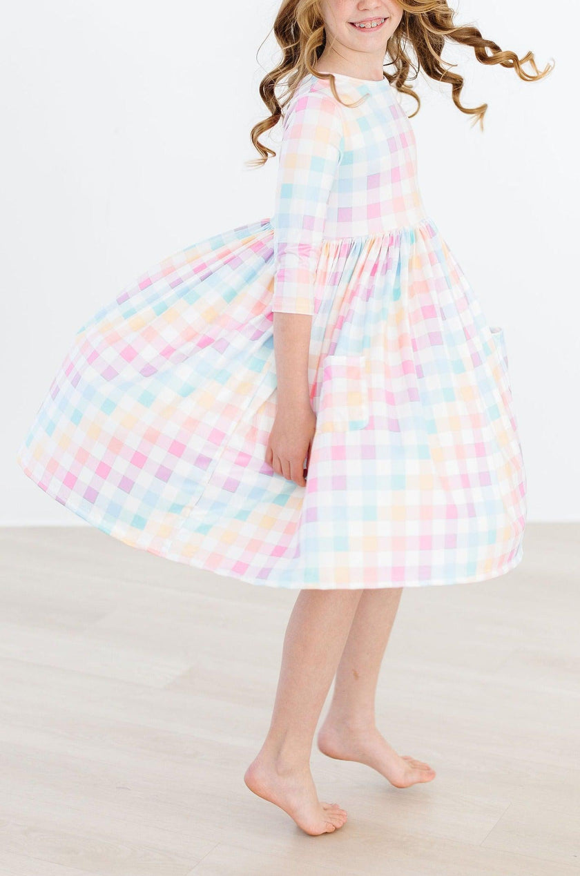 Pastellkariertes 3/4-Arm-Drehkleid mit Taschen