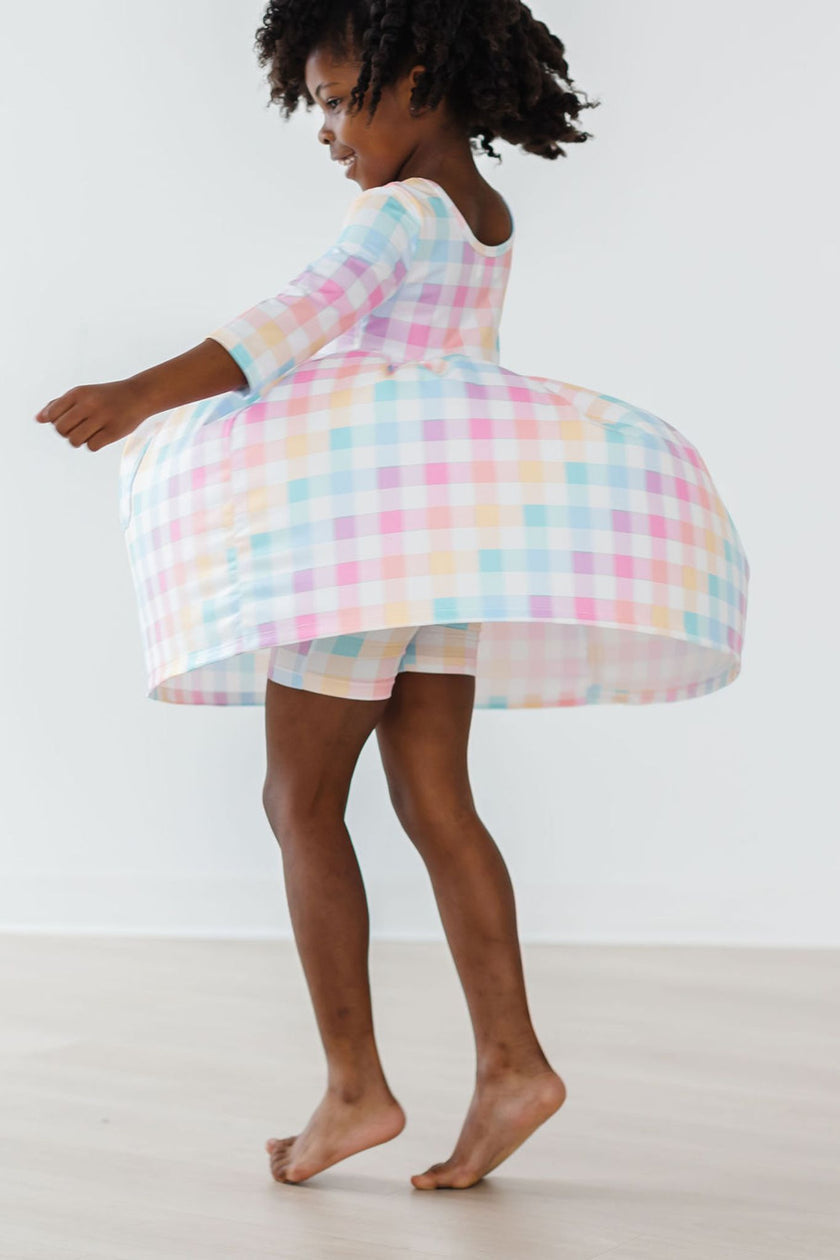 Pastellkariertes 3/4-Arm-Drehkleid mit Taschen