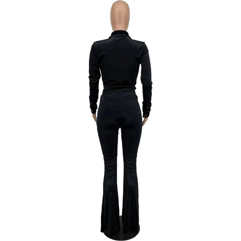 Ruche Button Crop Top and Flare Pants Set