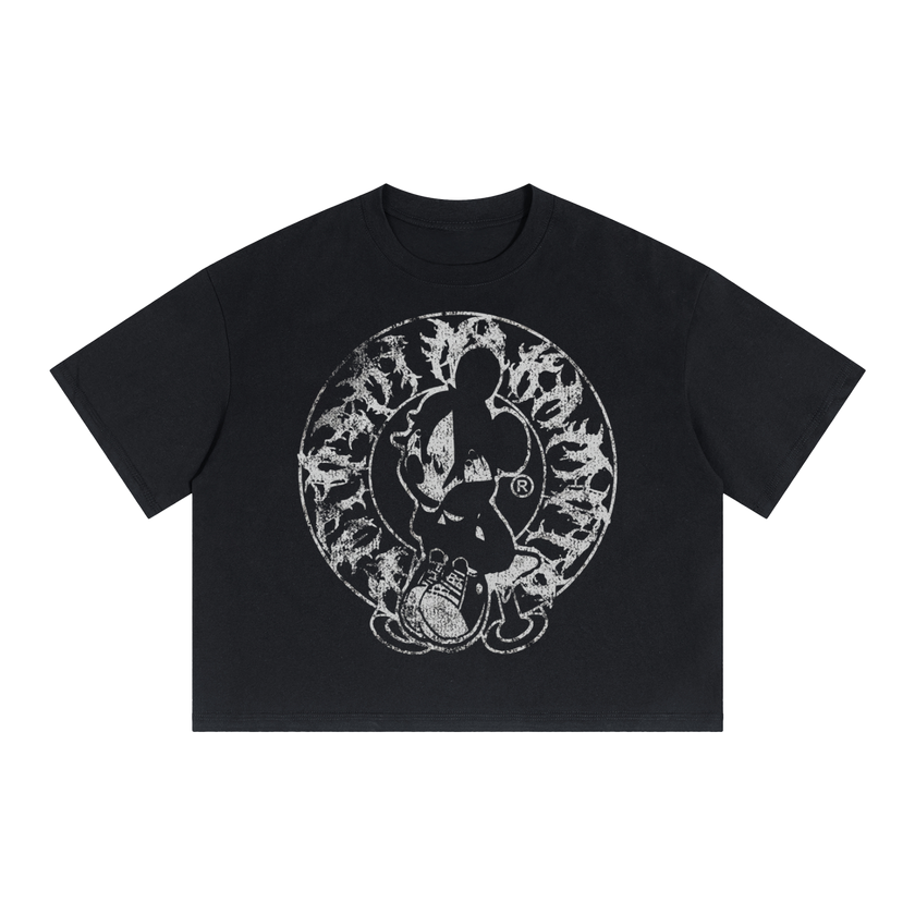 Alone Streetwear Tee Cropped Boxy T-Shirt Y2K 250GSM Summer Black Short Sleeve Crew Neck